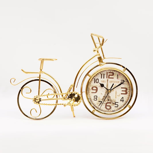 Clock Table, Bike Desk Gold Retro Bicycle Cast Iron Mantle Desktop Décor for Home Livingroom & Office Antique Style Gift
