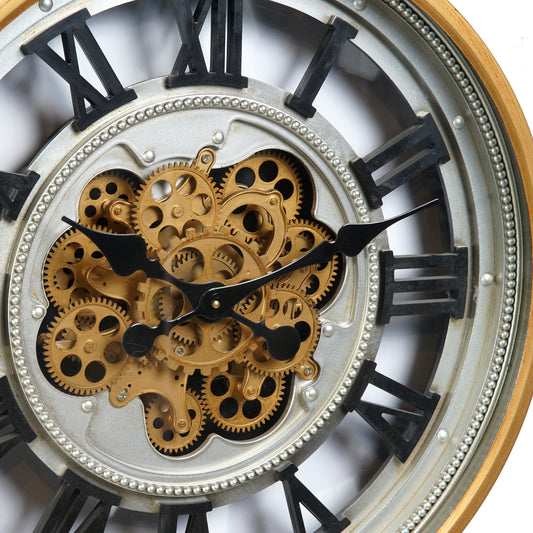 Rustic Silver Round Wall Clock With Moving Gears