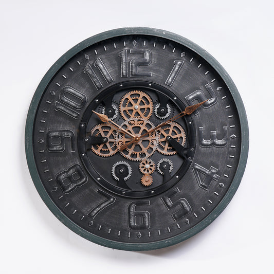 Rustic Black Round Wall Clock With Moving Gears